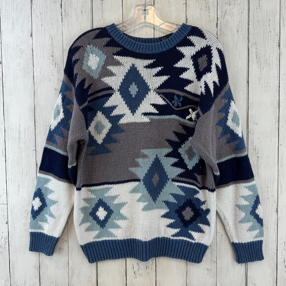 VTG Cafe Blue/White Southwest Aztec Striped Knit Crewneck Sweater Size Medium - Picture 1 of 12